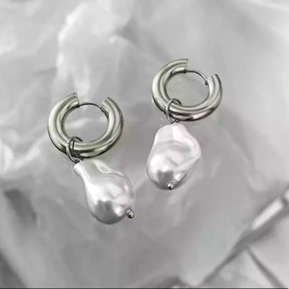 Silver Hoop Earrings with White Baroque Pearl Drops